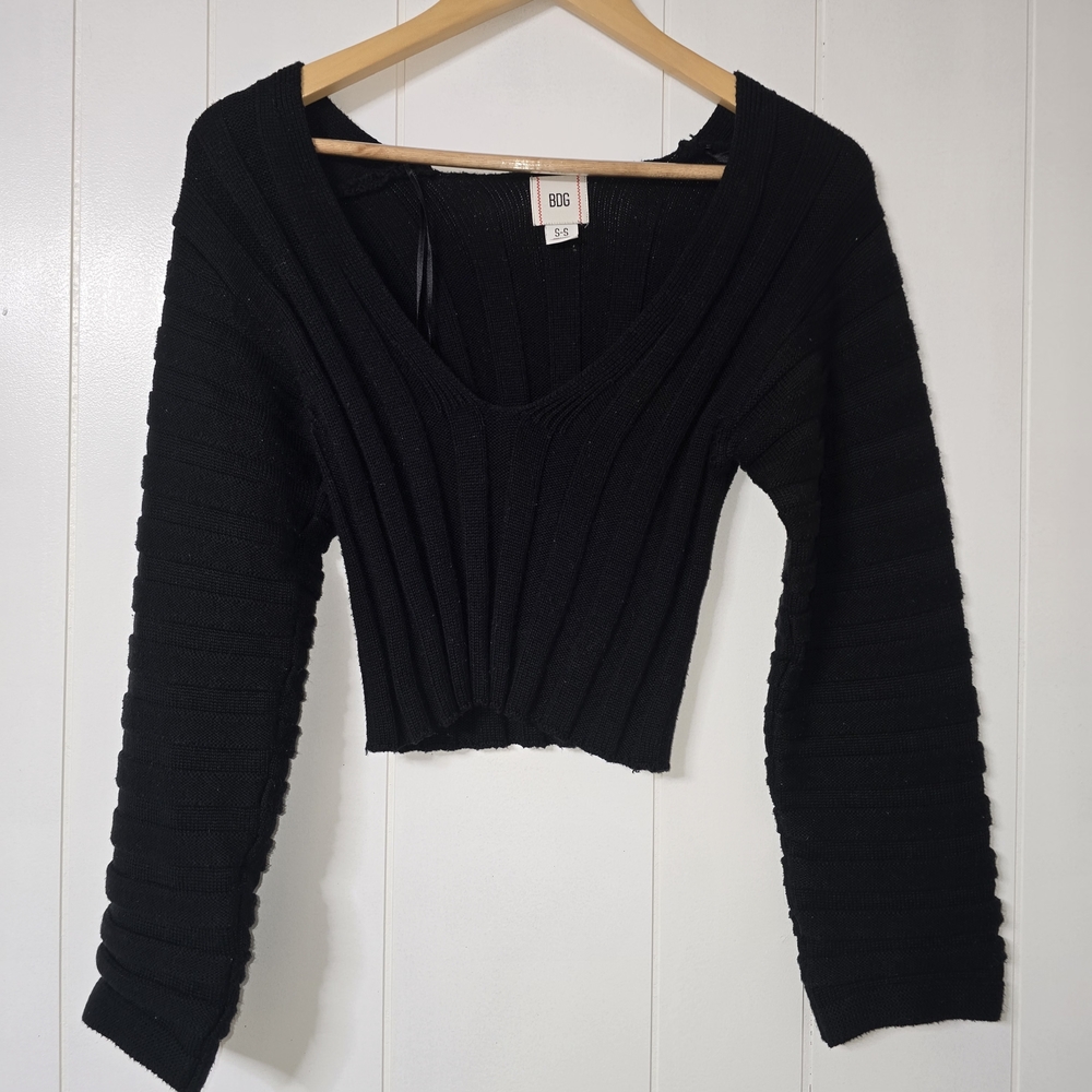 BDG Black Ribbed V-Neck Cropped Sweater Top